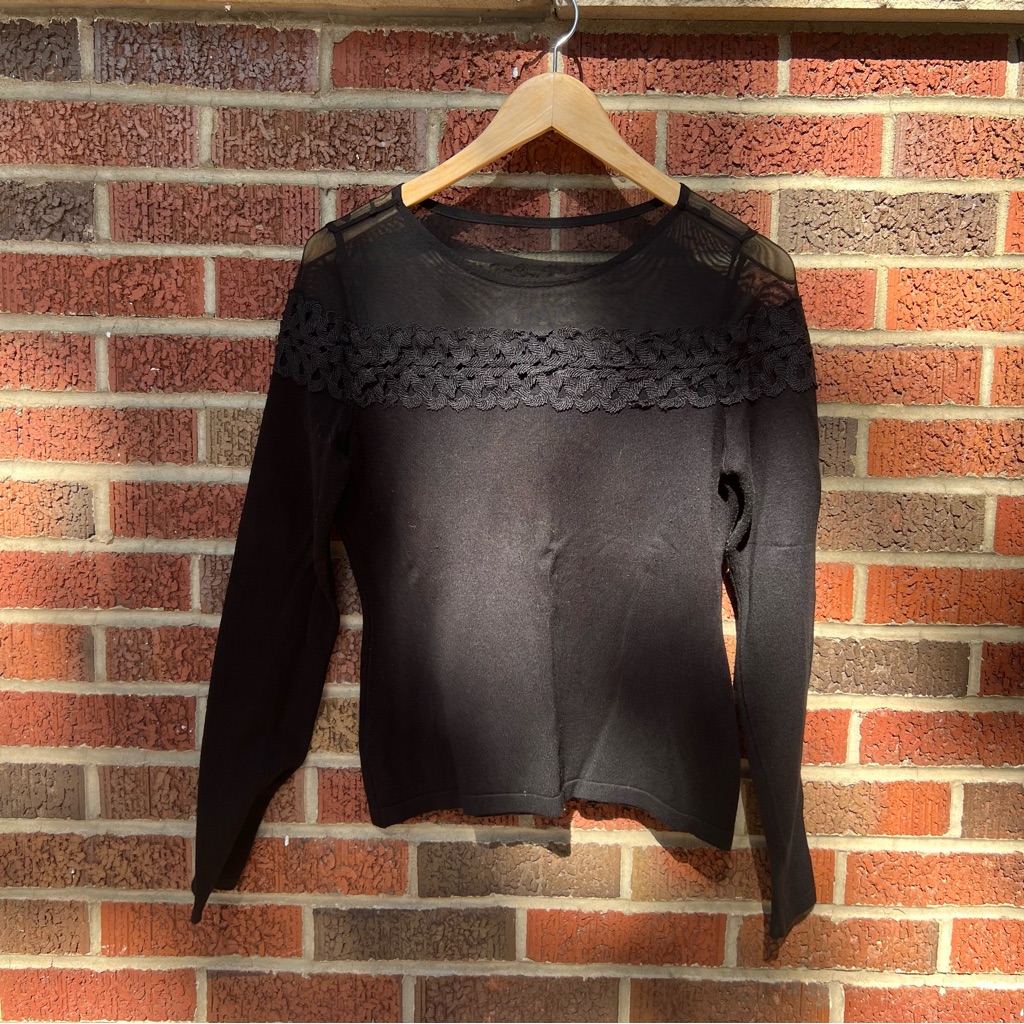 Black Mesh Embroidered Long Sleeve Top